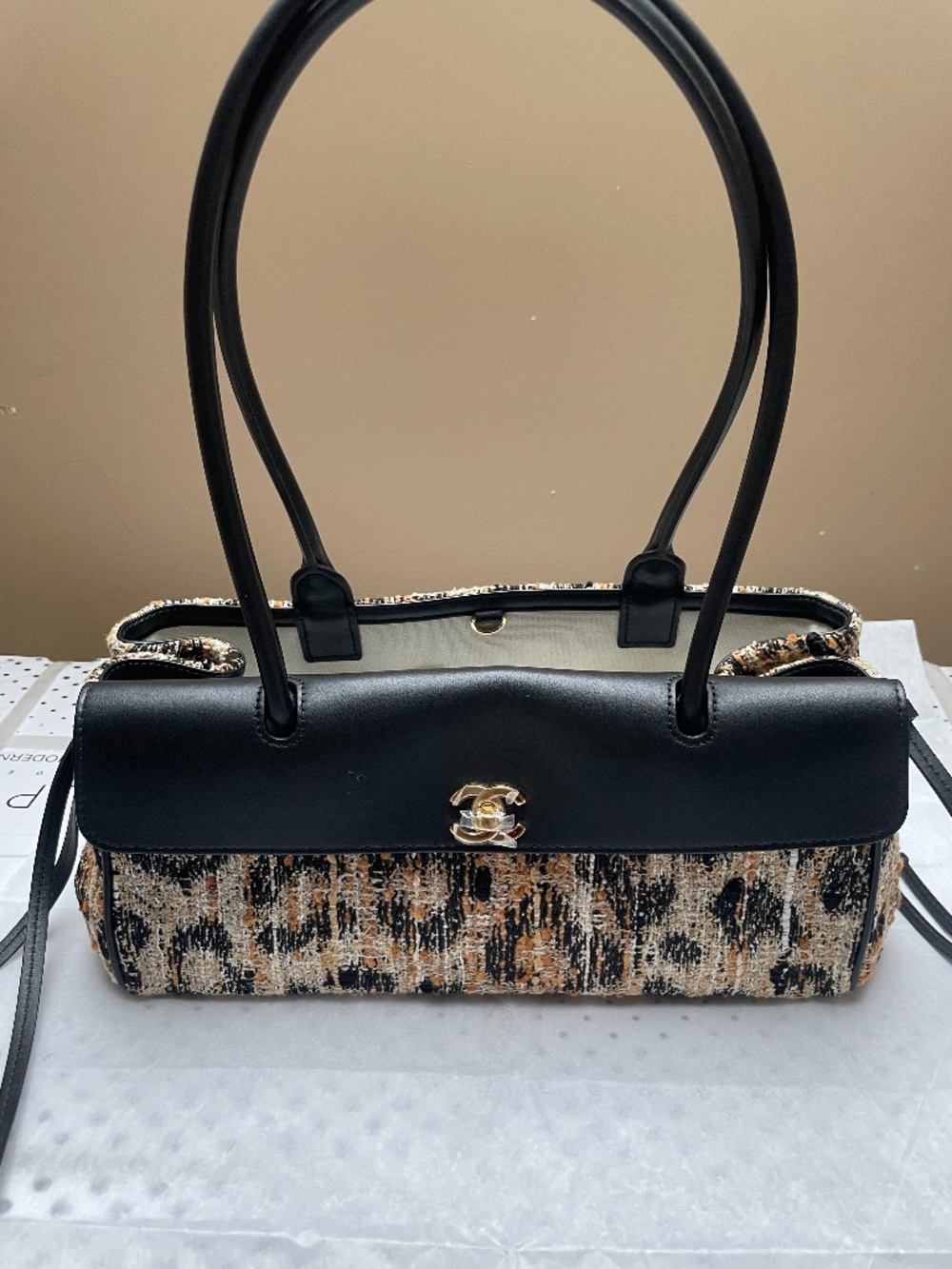 Chanel 26A Urban Essential East West Shopping Bag - Leopard Print Tweed & Black